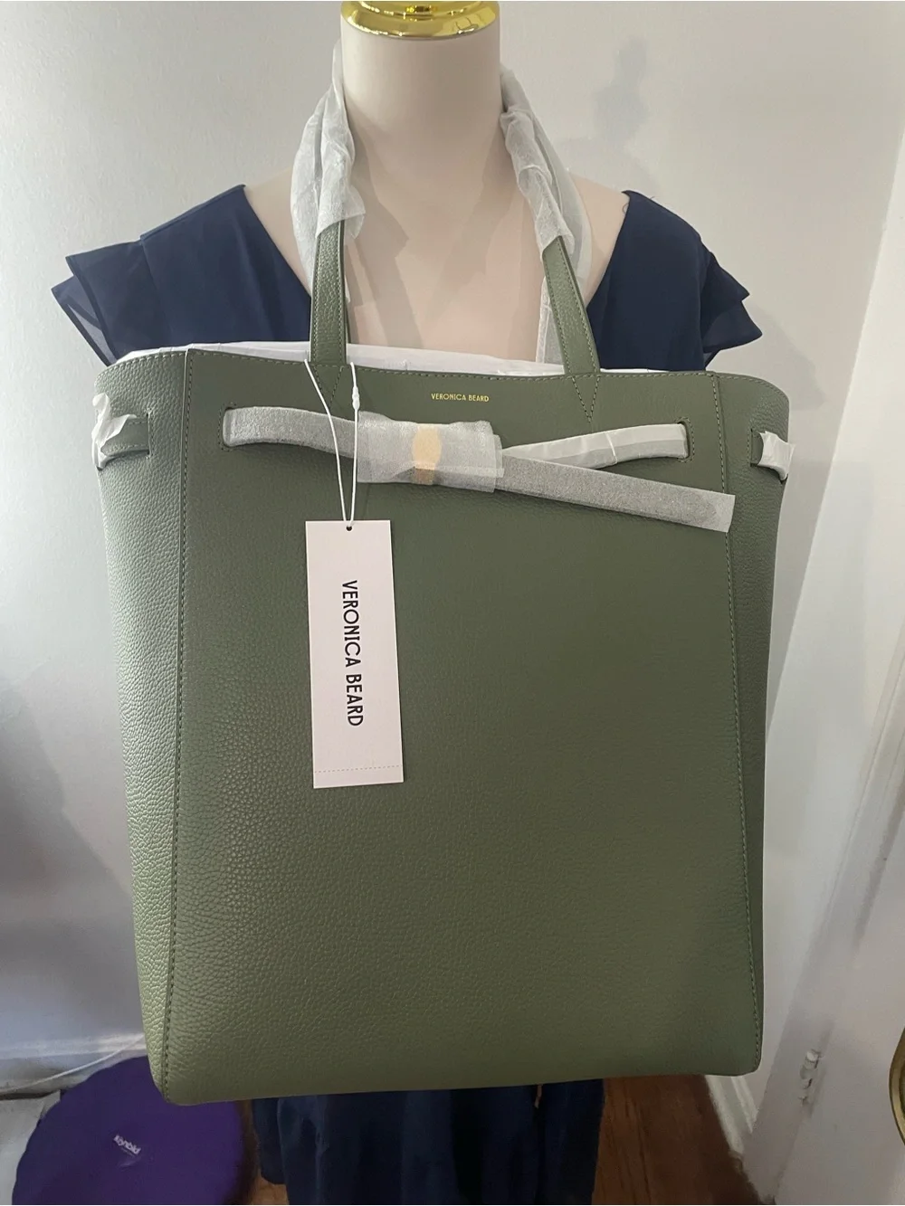 Veronica Beard Dash Stone Army Pebbled Leather Tote with Bow-Detail
